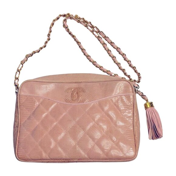 Rare Chanel Vintage CC Tassel Camera Bag Quilted Front Pocket Lizard-Skin Pink - Picture 1 of 8